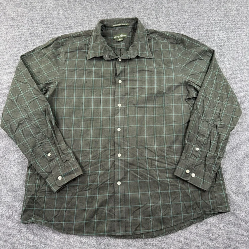 Eddie Bauer Button Up Size XXL Green‎ Plaid Wrinkle Resistant Classic Fit Men's